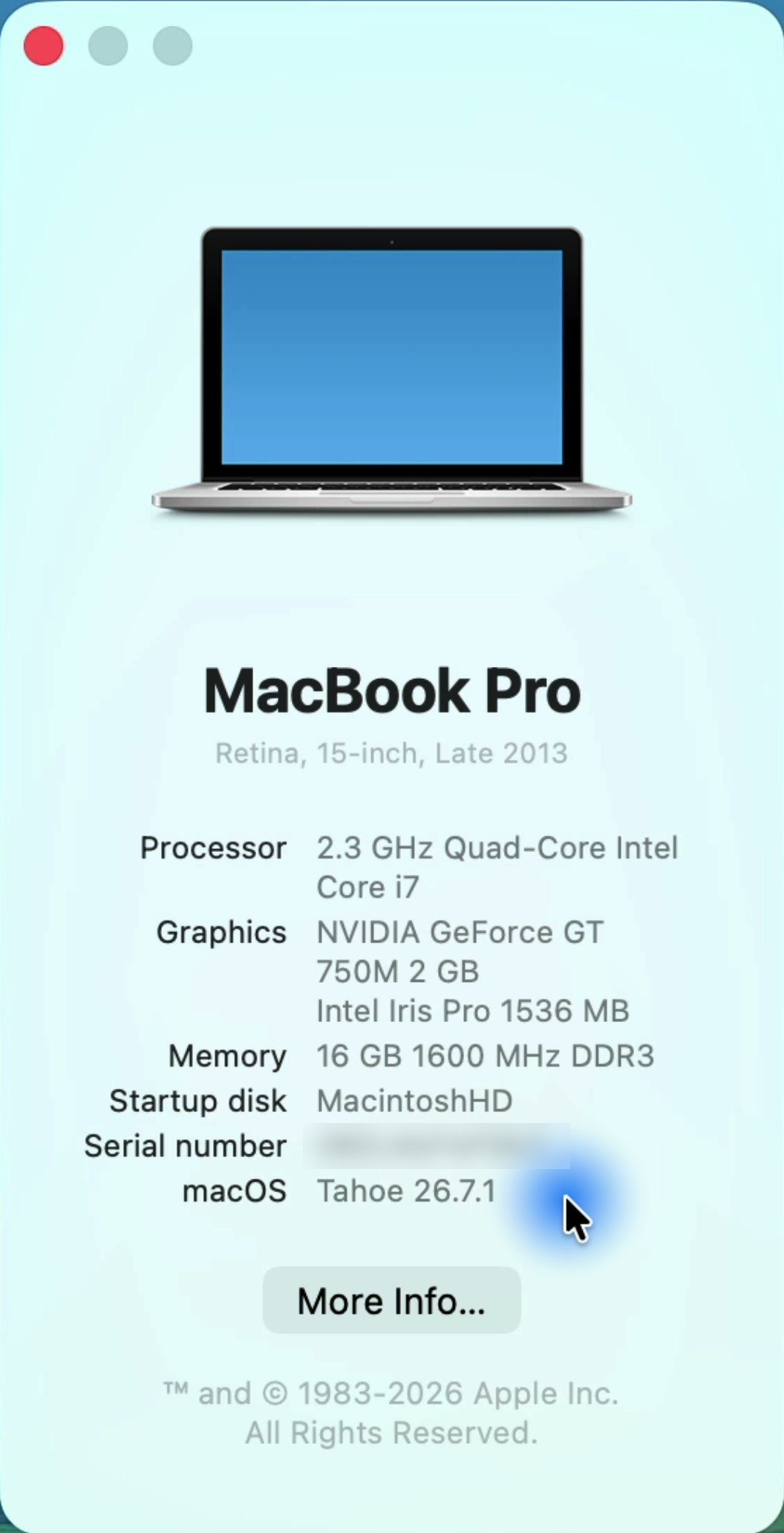 About This Mac window for a MacBook Pro (Retina, 15-inch, Late 2013) with a 2.3 GHz quad-core Intel Core i7, NVIDIA GeForce GT 750M and Intel Iris Pro graphics, 16 GB memory, running macOS Tahoe 26.7.1.