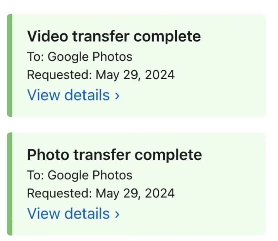 Apple transfer status showing separate photo and video transfers completed to Google Photos in Anson's 2024 example.