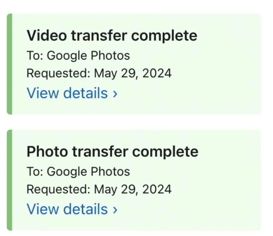 Apple transfer status showing separate photo and video transfers completed to Google Photos in Anson's 2024 example.