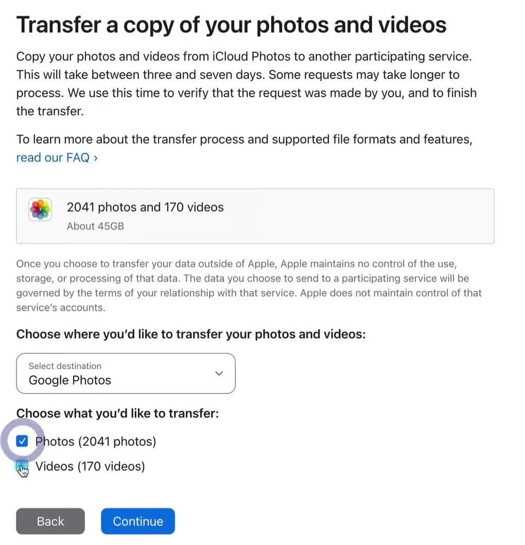 Apple data transfer page in Anson's 2024 video with Google Photos selected as the destination for photos and videos.