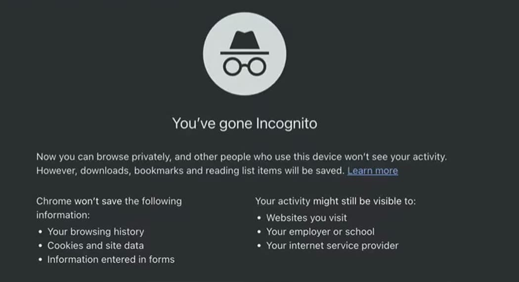 Chrome Incognito page explaining what the browser does not save and who can still see activity.