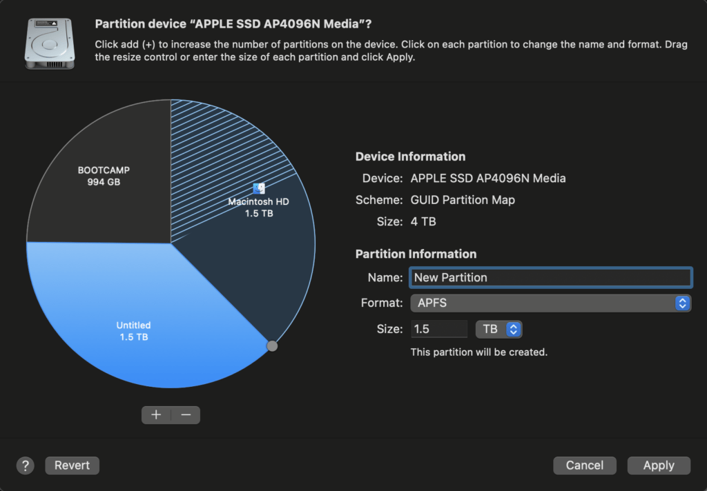 Creating a New Partition in Disk Utility on macOS