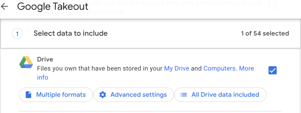 Downloading Drive in Google Takeout