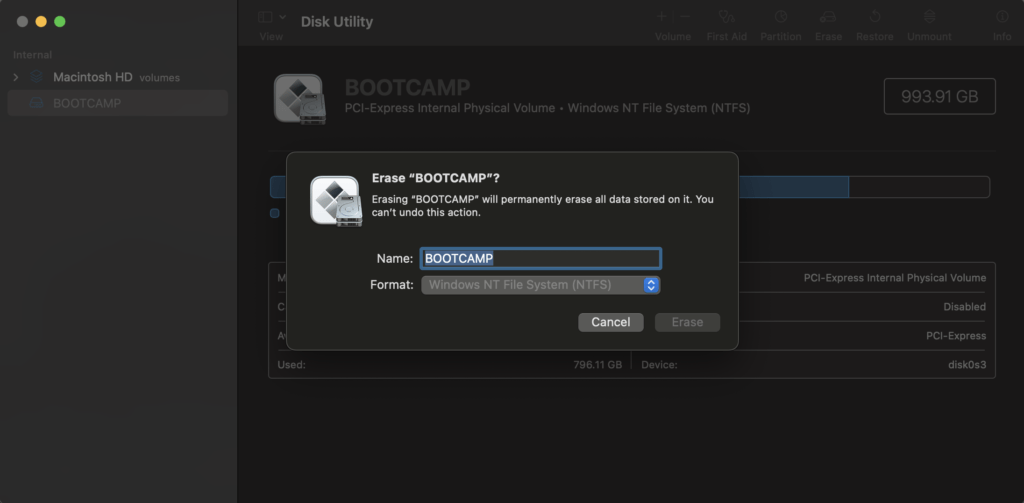 Erasing Partition in Disk Utility on macOS