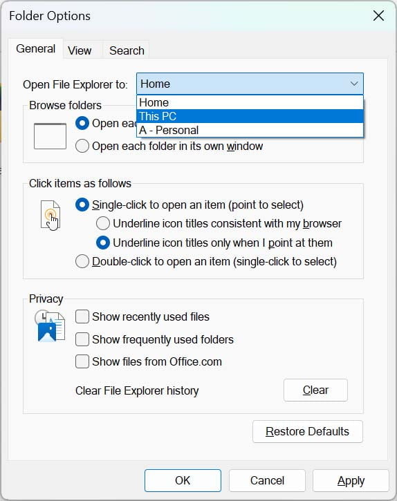 Change Default Location of File Explorer