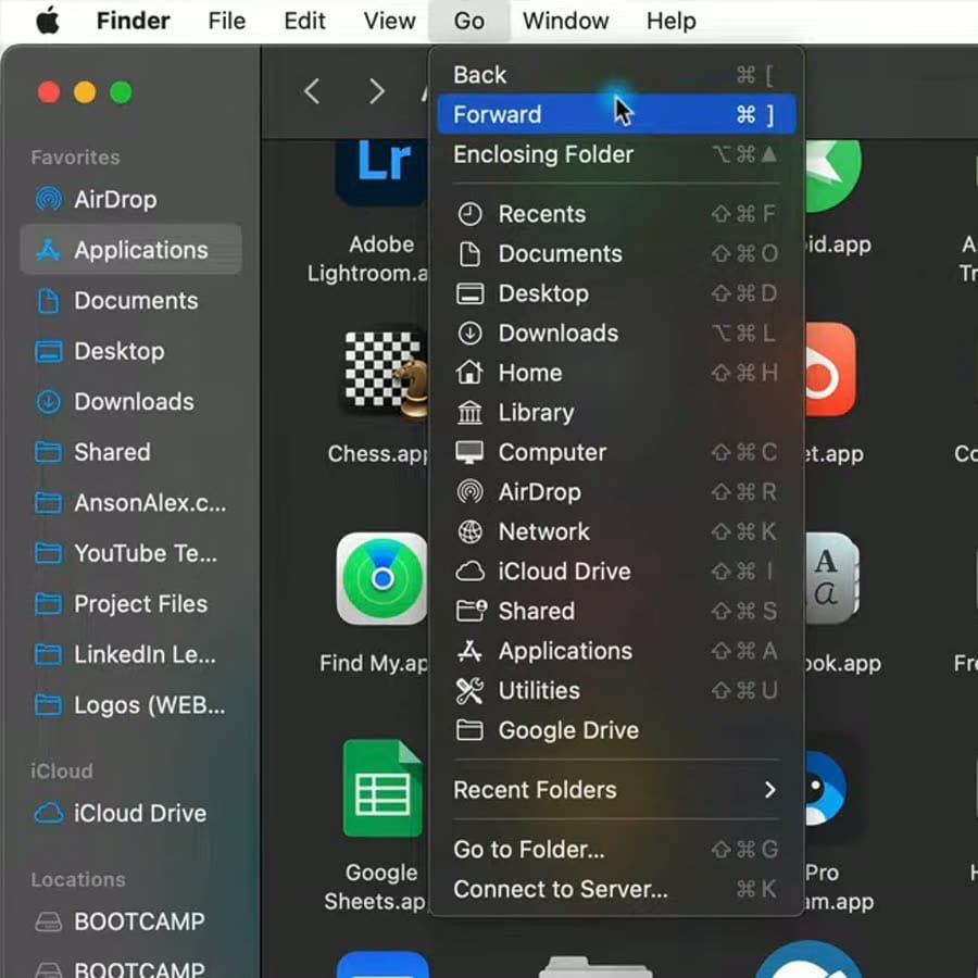 Finder Go menu showing Library and Go to Folder as routes to the user Library.