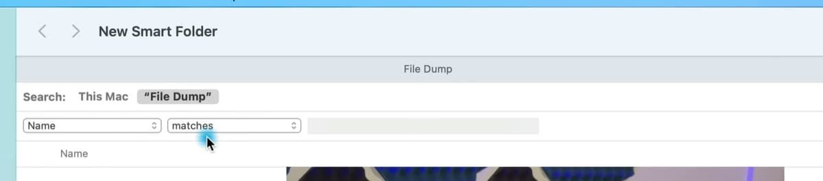 Finder New Smart Folder window showing the This Mac search scope and a Name rule.