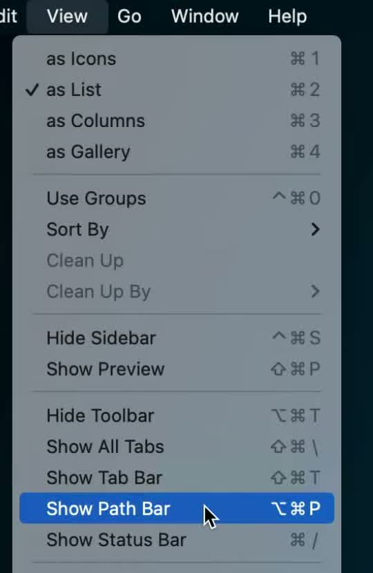 Finder View menu with Show Path Bar highlighted.