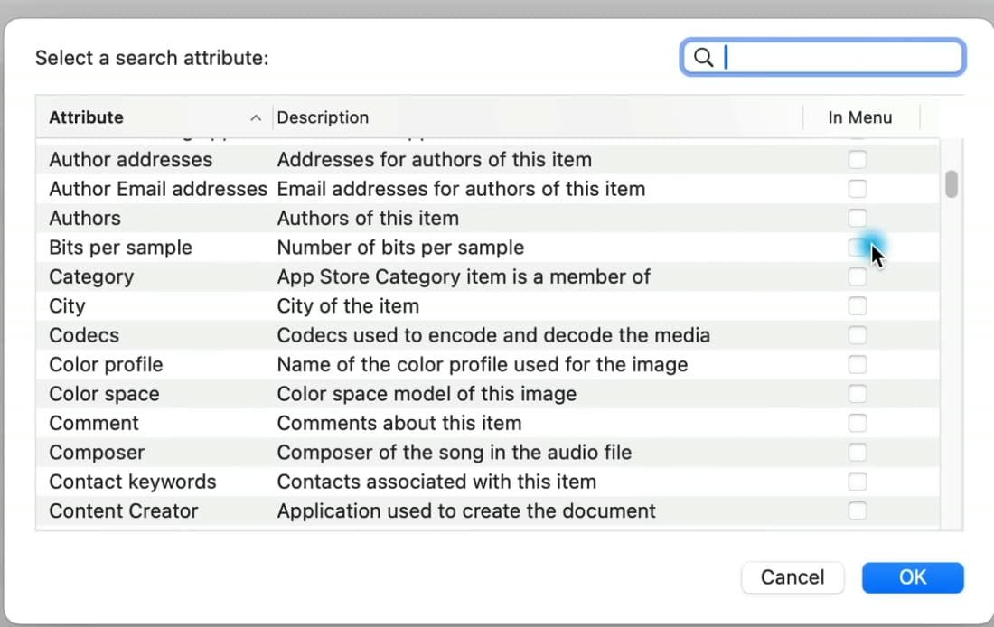 Finder search attribute picker opened from Other, with searchable criteria and an In Menu column.