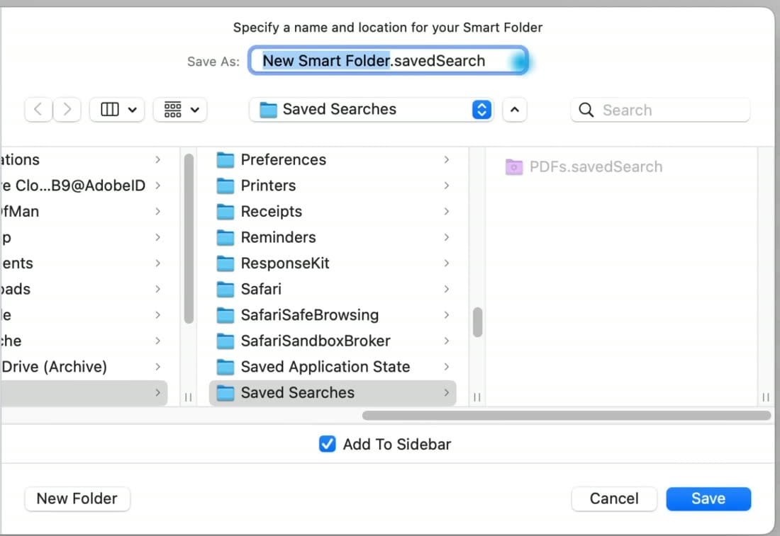 Finder Save dialog for a Smart Folder with Add To Sidebar checked.