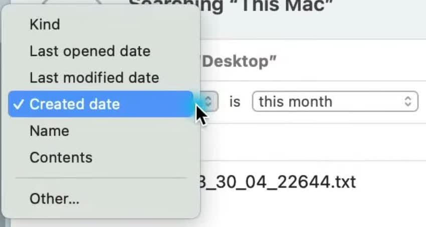 Finder search criteria menu showing Kind, Created date, Name, and Other for additional attributes.