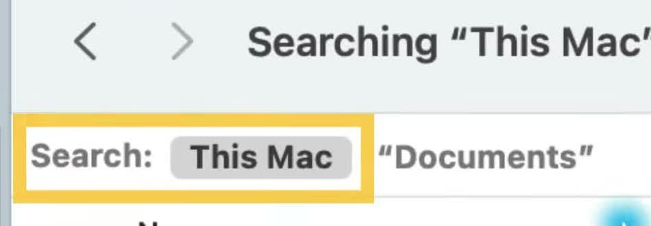 Finder search scope buttons showing This Mac selected and Documents available beside it.