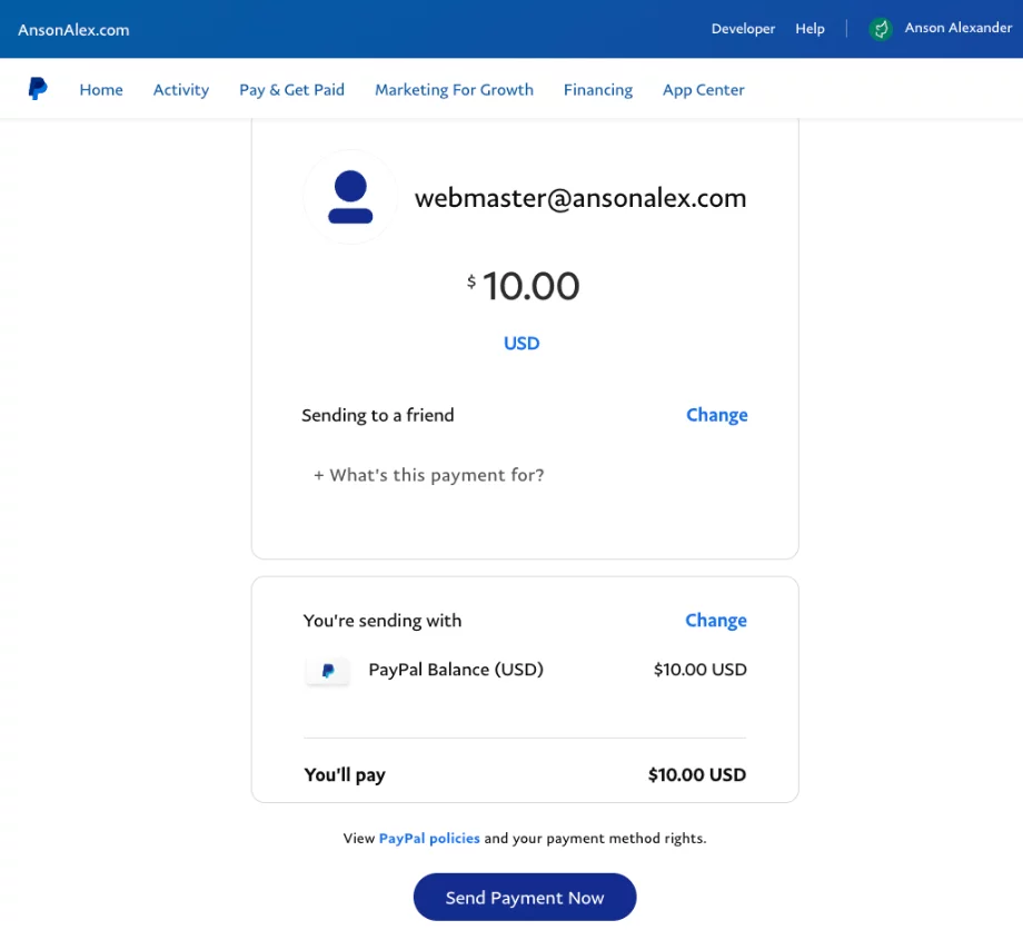 Free money transfer in PayPal using balance or bank account