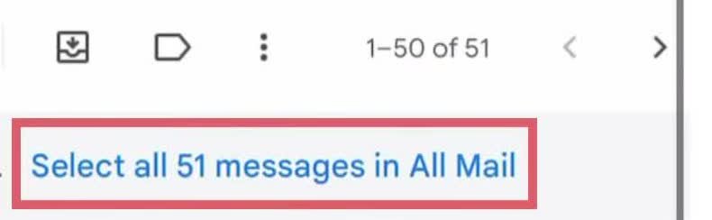 Desktop Gmail opened on an iPhone showing the link to select all 51 conversations in All Mail after the first 50 are selected.