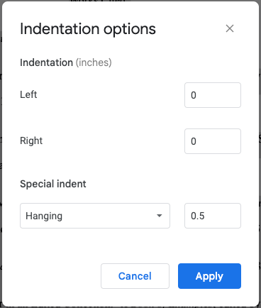 Google Docs Indentation Options