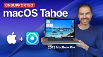 Install macOS Tahoe on unsupported Macs: Anson holding a 2013 MacBook Pro running macOS Tahoe, with the Apple and OpenCore Legacy Patcher logos.