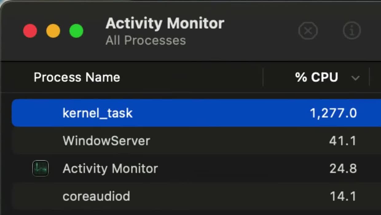 Activity Monitor in Anson's Intel Mac video showing kernel_task with unusually high CPU use during a thermal performance problem.