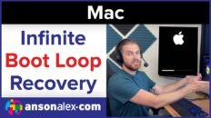 Mac boot loop recovery tutorial video thumbnail showing a Mac startup recovery guide by Anson Alexander