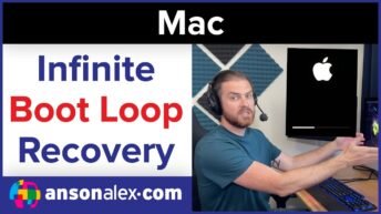 Mac boot loop recovery tutorial video thumbnail showing a Mac startup recovery guide by Anson Alexander