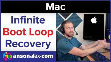 Mac boot loop recovery tutorial video thumbnail showing a Mac startup recovery guide by Anson Alexander