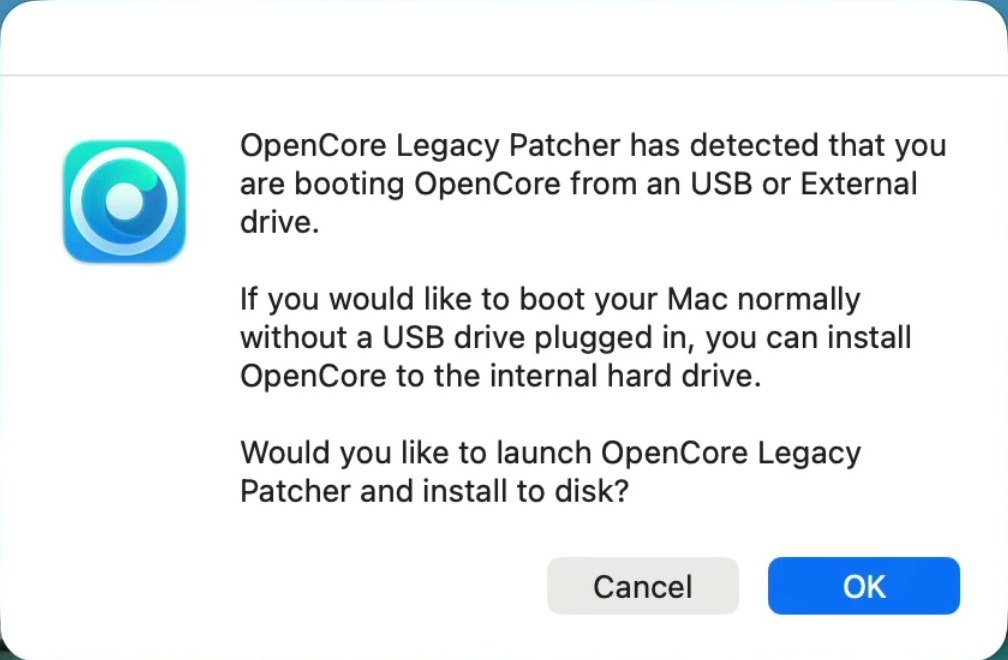 OpenCore Legacy Patcher alert saying it has detected that you are booting OpenCore from a USB or external drive and asking whether to install OpenCore to the internal drive, with Cancel and OK buttons.