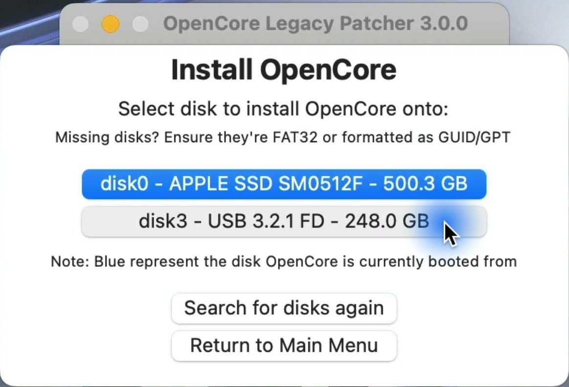 OpenCore Legacy Patcher Install OpenCore disk list with the internal APPLE SSD highlighted in blue as the current boot disk and the pointer on disk3, the USB drive, which is the correct choice.