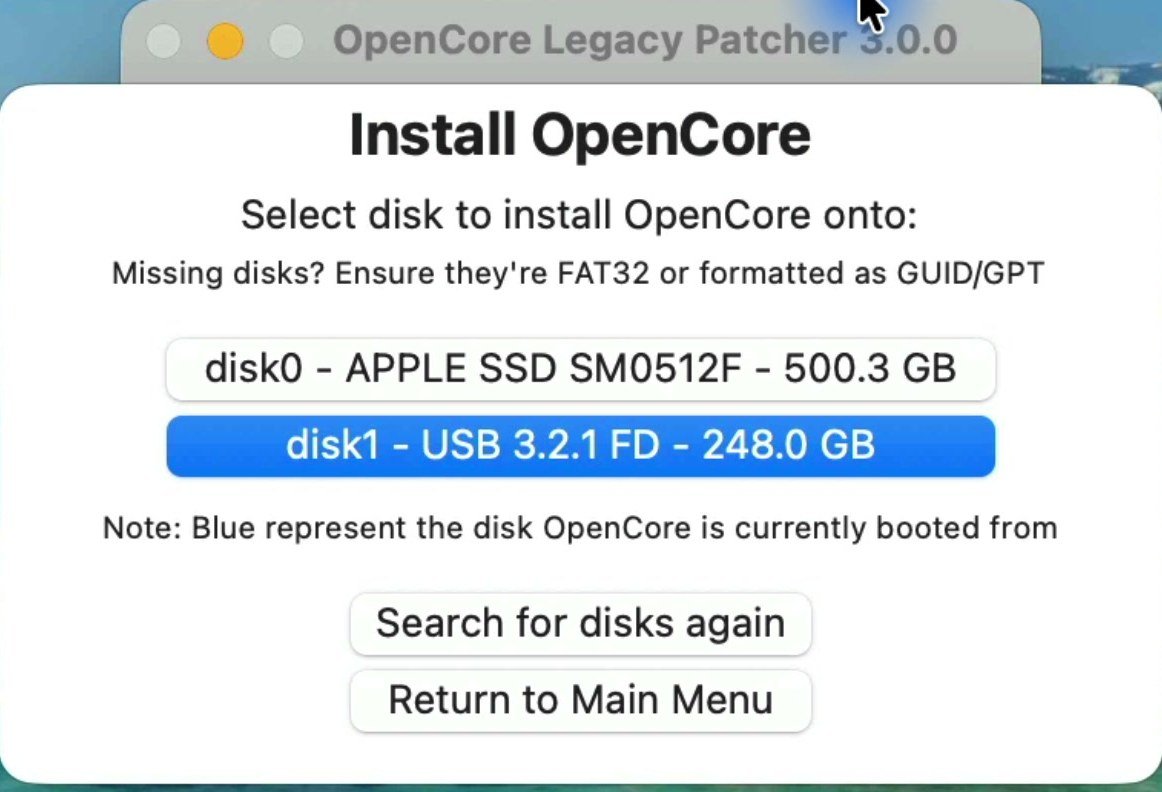 OpenCore Legacy Patcher Install OpenCore disk list with disk1, the USB drive, highlighted in blue as the current boot disk and disk0, the internal APPLE SSD, which is the drive to choose.