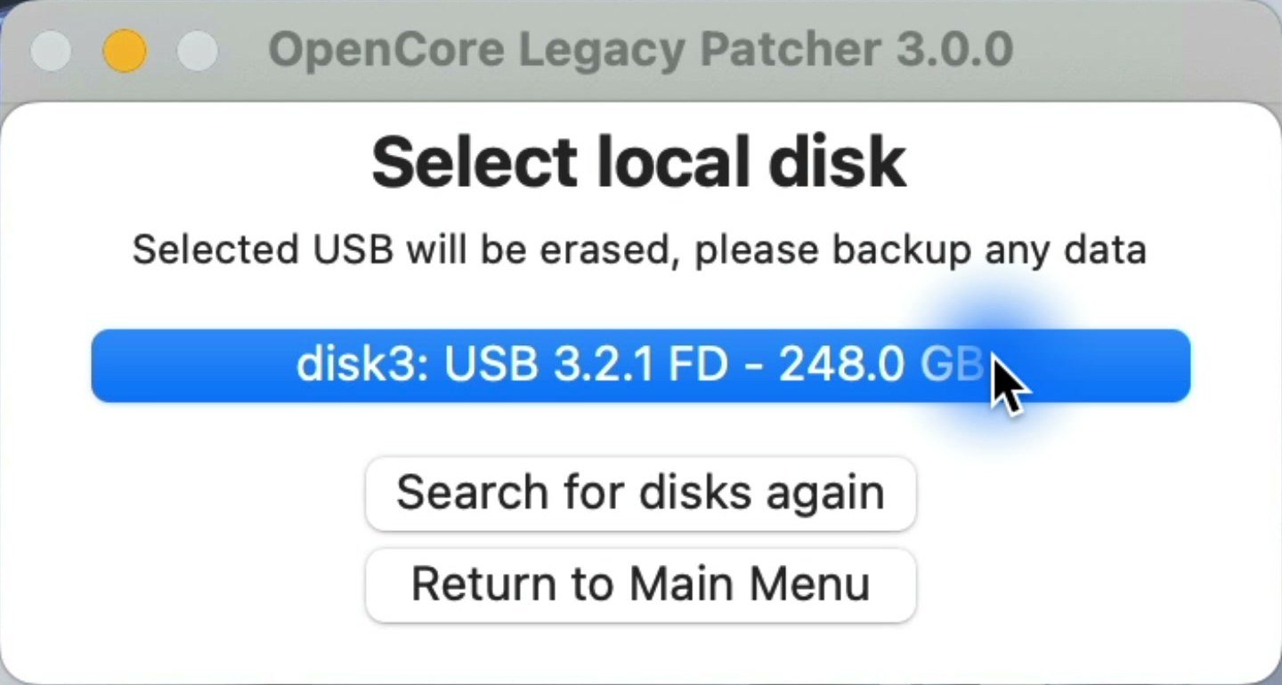 OpenCore Legacy Patcher Select local disk window warning that the selected USB will be erased, with disk3, a 248 GB USB drive, highlighted.