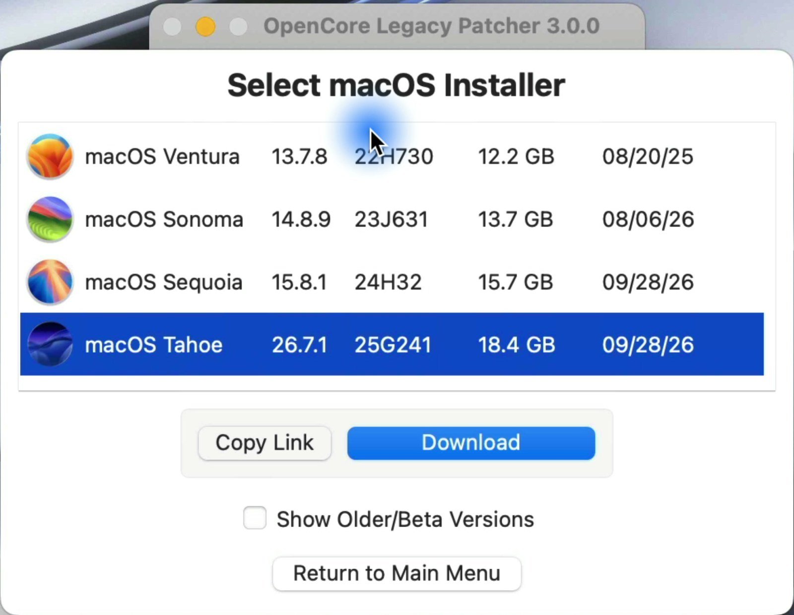 OpenCore Legacy Patcher Select macOS Installer list with macOS Tahoe 26.7.1, build 25G241, 18.4 GB selected and the Download button ready.