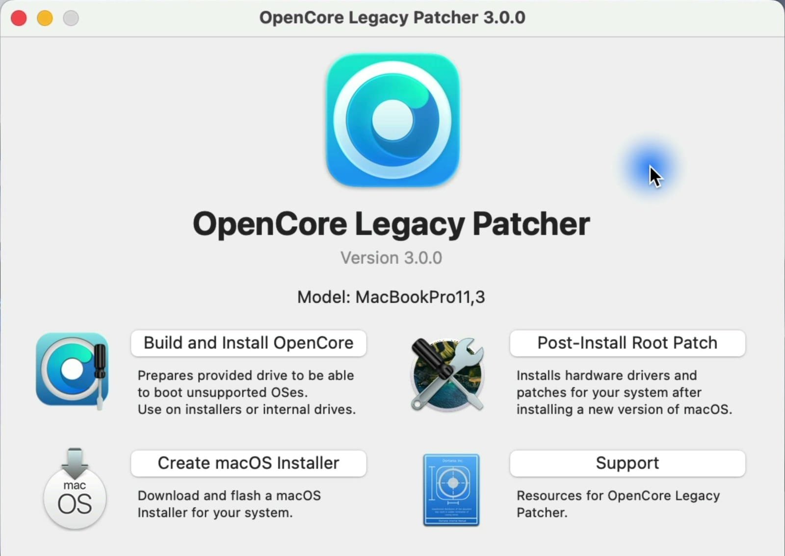 OpenCore Legacy Patcher 3.0.0 main menu showing Model MacBookPro11,3 and the Build and Install OpenCore, Post-Install Root Patch, Create macOS Installer and Support buttons.