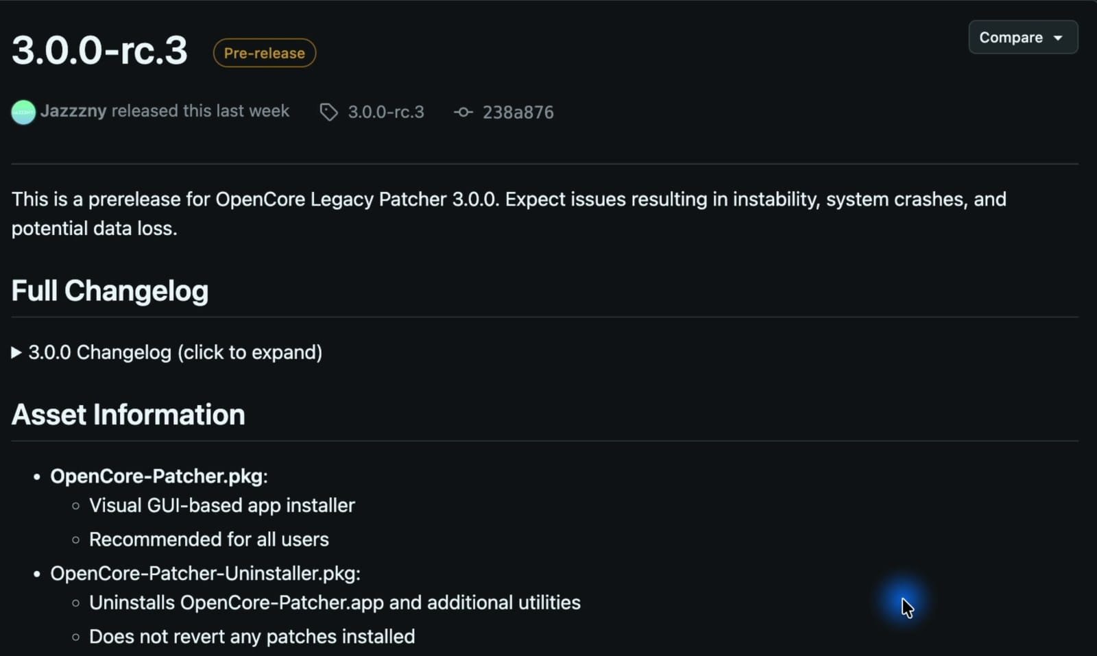 GitHub release page for OpenCore Legacy Patcher 3.0.0-rc.3 marked Pre-release, with OpenCore-Patcher.pkg listed under Asset Information as the installer recommended for all users.