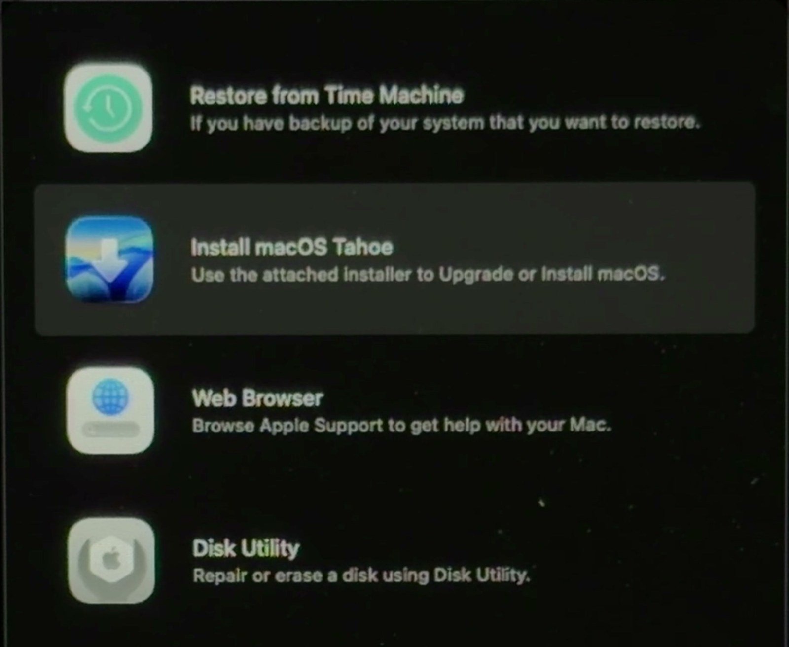 macOS recovery utilities with Install macOS Tahoe highlighted above Web Browser and Disk Utility.
