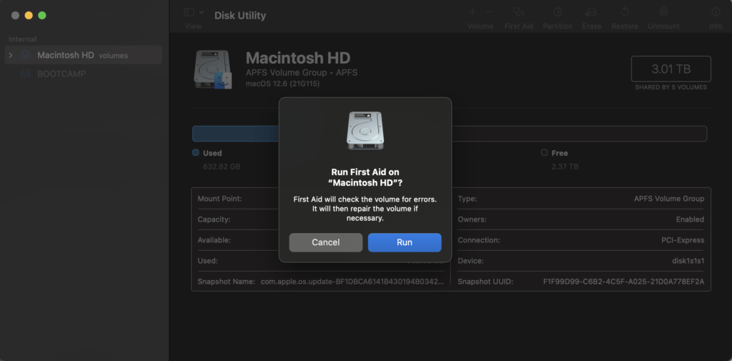 Running First Aid In Disk Utility macOS