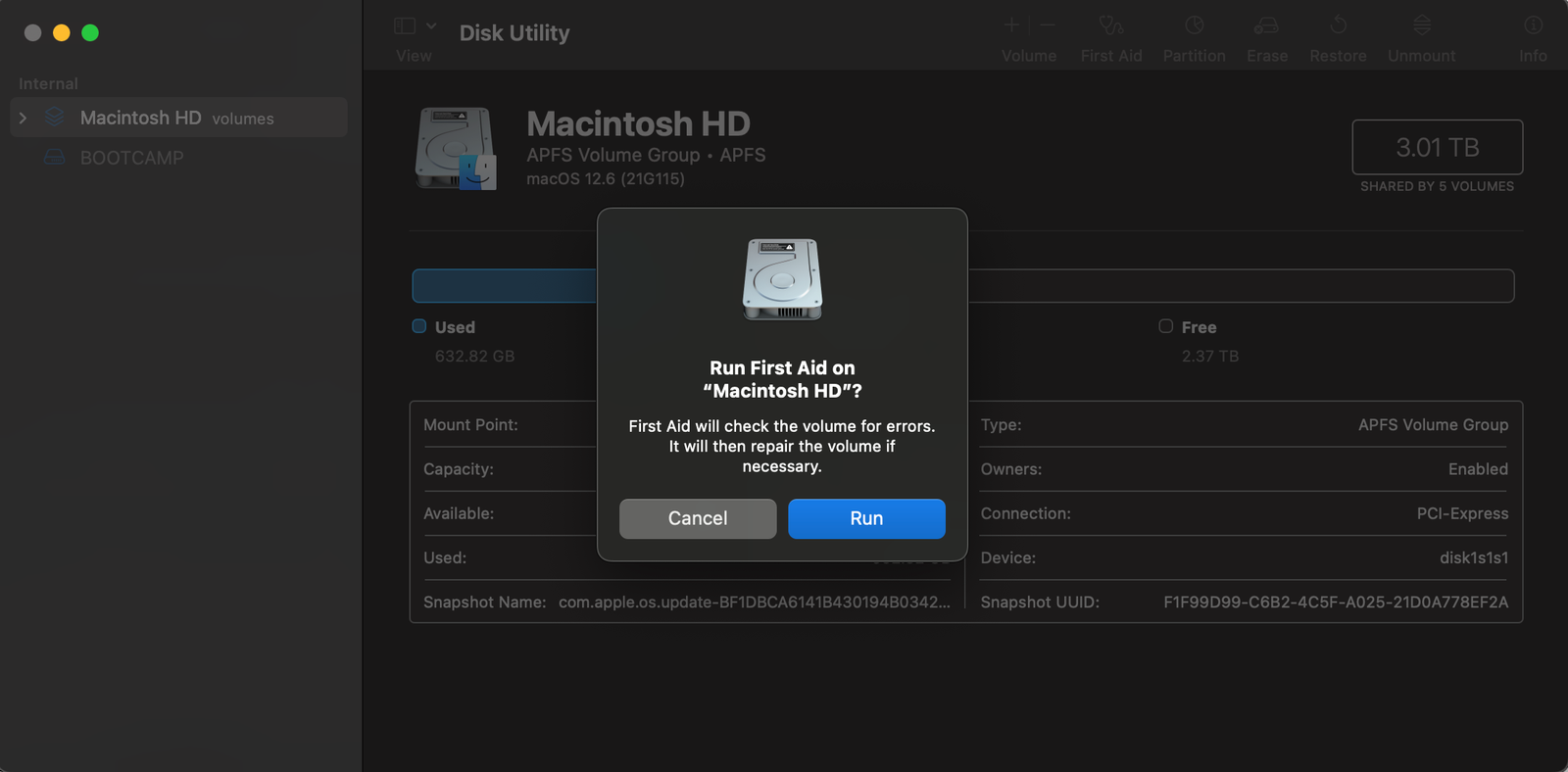 Running First Aid in Disk Utility on macOS