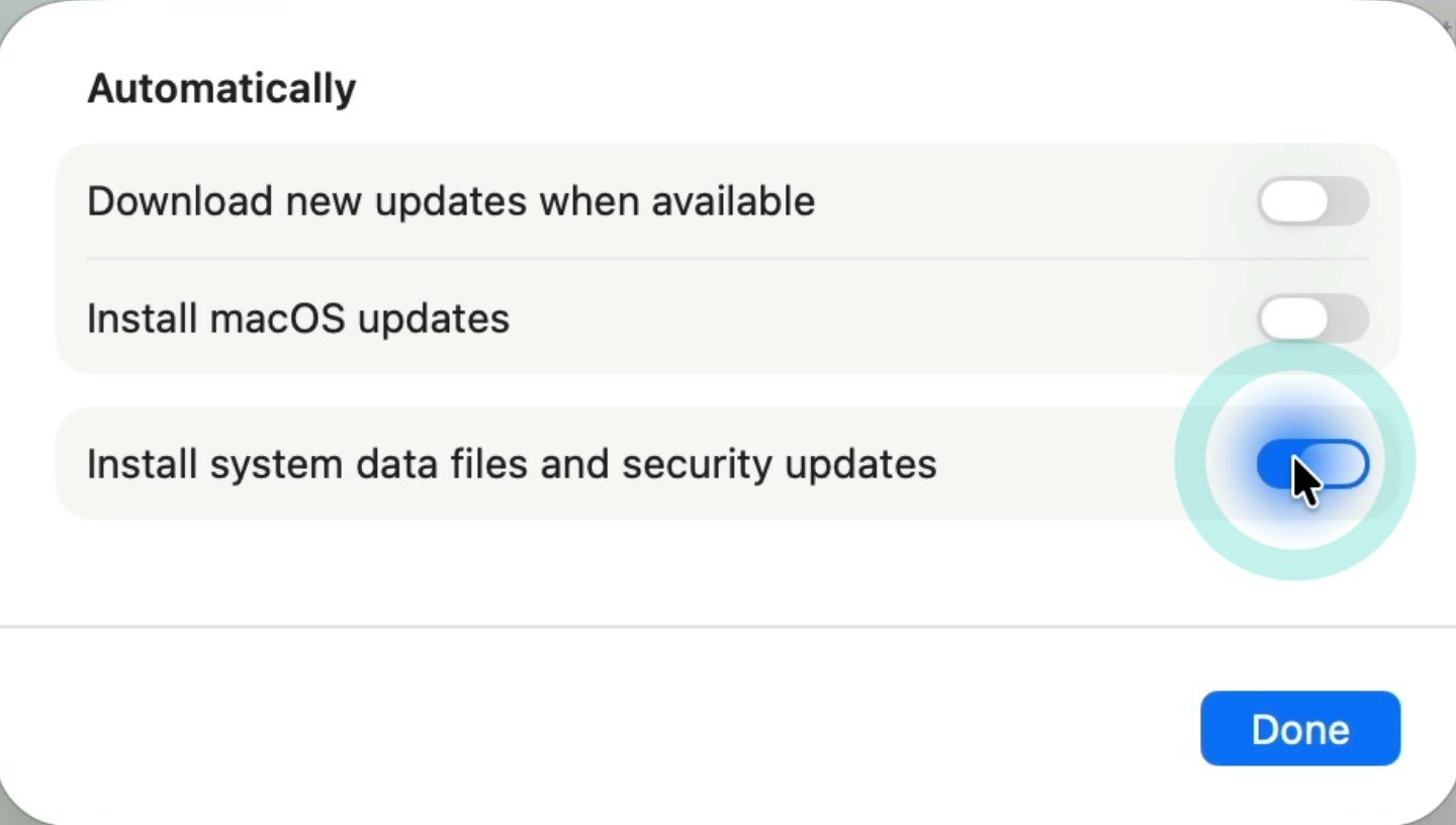 Tahoe Software Update Automatically settings with Download new updates when available and Install macOS updates turned off.
