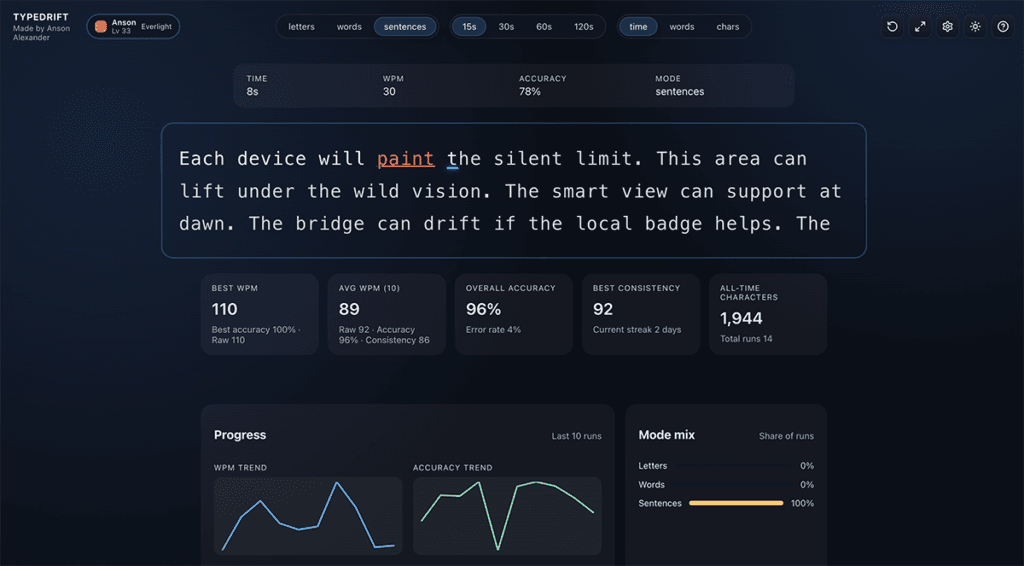 TypeDrift Typing Practice Tool