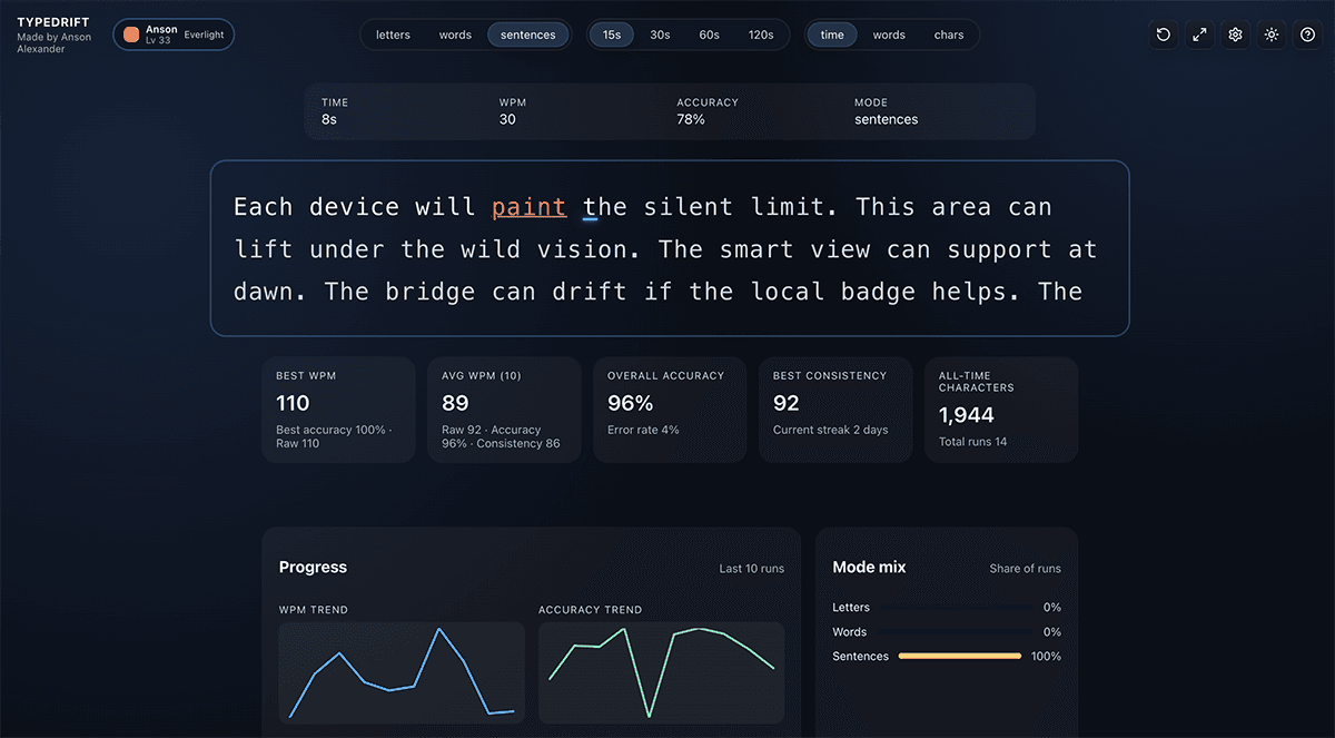 TypeDrift typing practice tool screenshot
