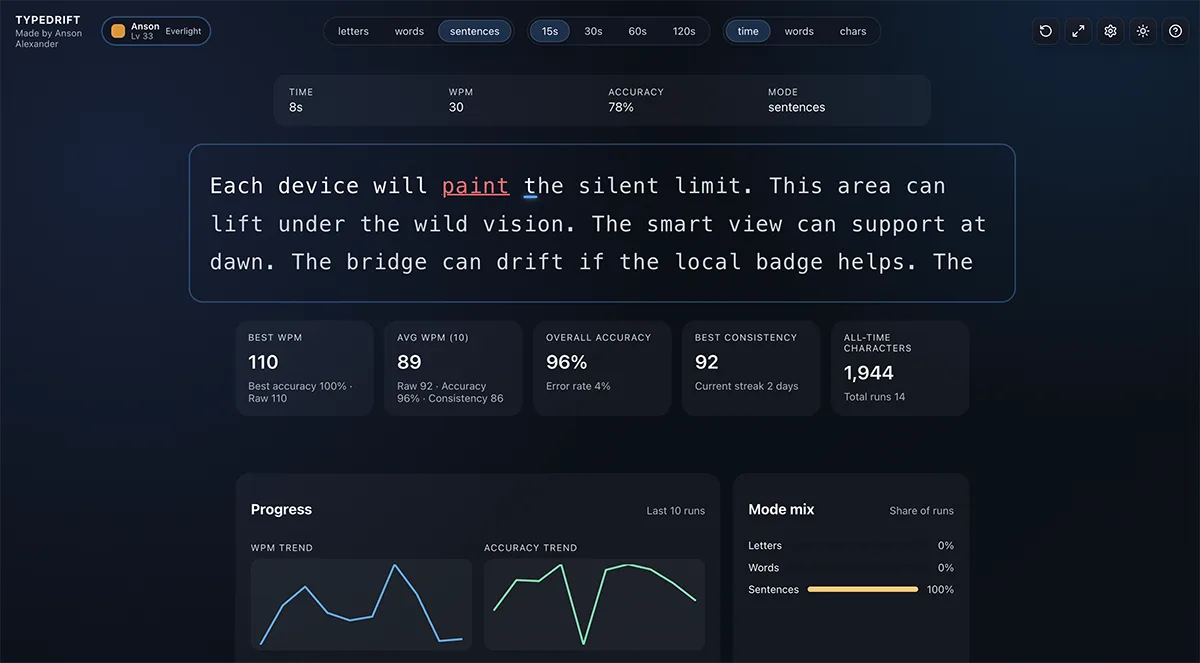 TypeDrift typing practice tool screenshot