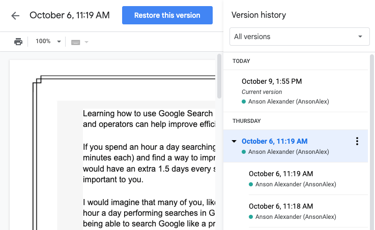 Does Google have version history?