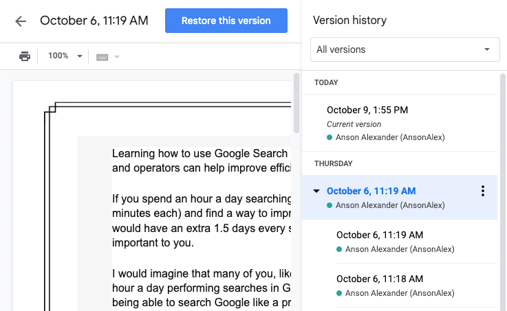 Version History in Google Docs