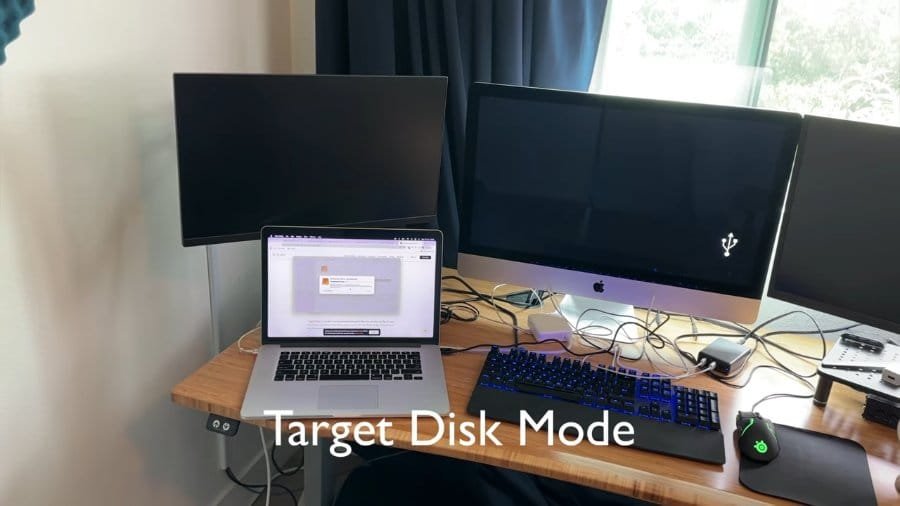 A MacBook Pro connected by cable to an iMac, set up for Target Disk Mode