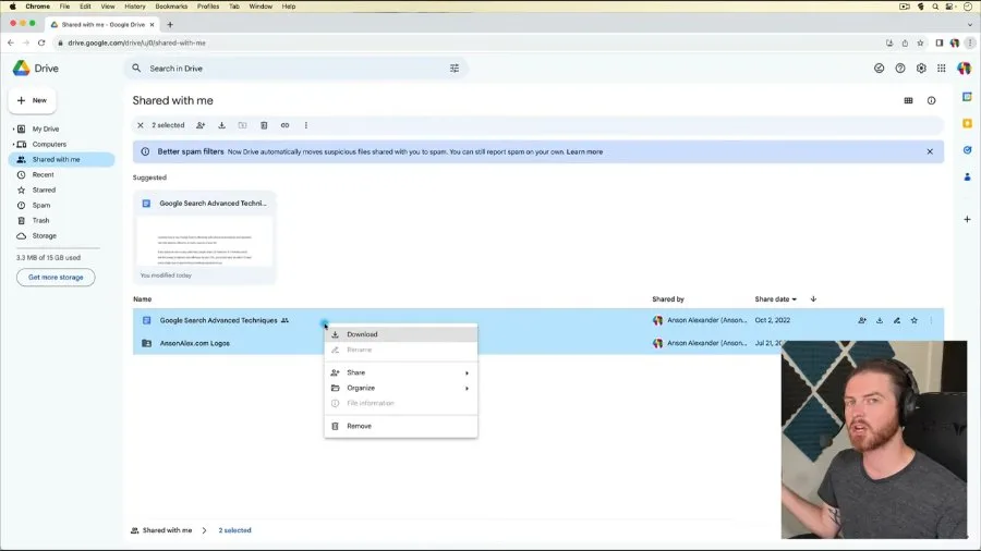 Google Drive right-click menu on a file in Shared with me, with no Make a copy option listed