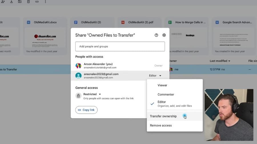 Google Drive Share dialog with the Editor dropdown open and Transfer ownership highlighted
