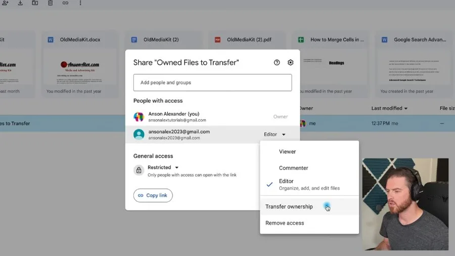 Google Drive Share dialog with the Editor dropdown open and Transfer ownership highlighted