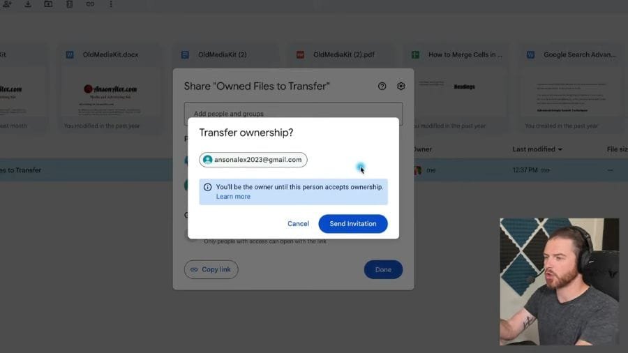 Google Drive confirmation dialog for transferring ownership, showing you remain the owner until the recipient accepts