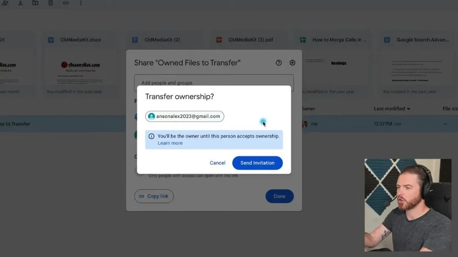Google Drive confirmation dialog for transferring ownership, showing you remain the owner until the recipient accepts