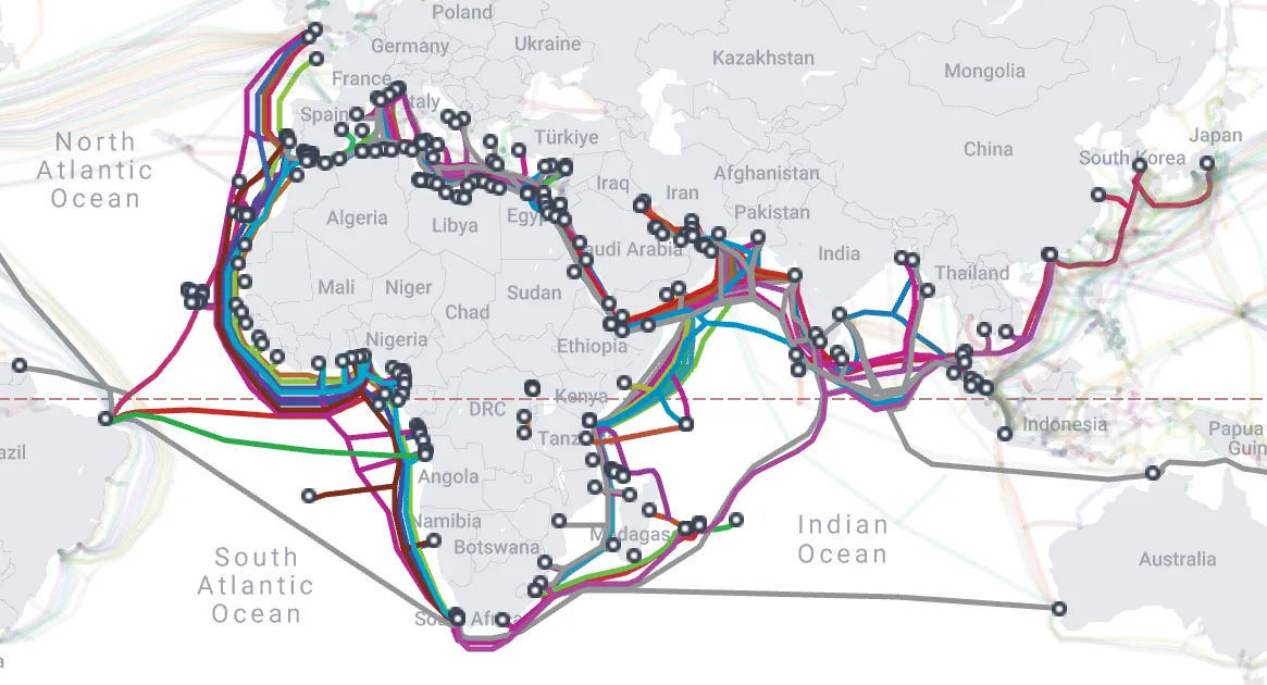 Africa internet cable map showing modern undersea connections and coastal landing points
