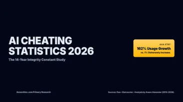 Horizontal research banner for AI Cheating Statistics 2026 showing a 162% increase in tech usage vs a 1% increase in academic dishonesty.