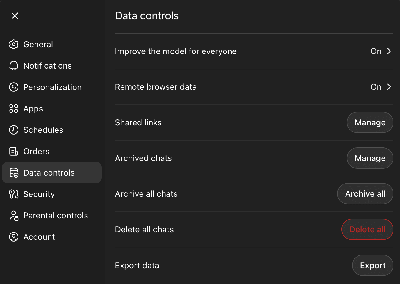 ChatGPT Data Controls settings screen showing the Improve the model for everyone option.