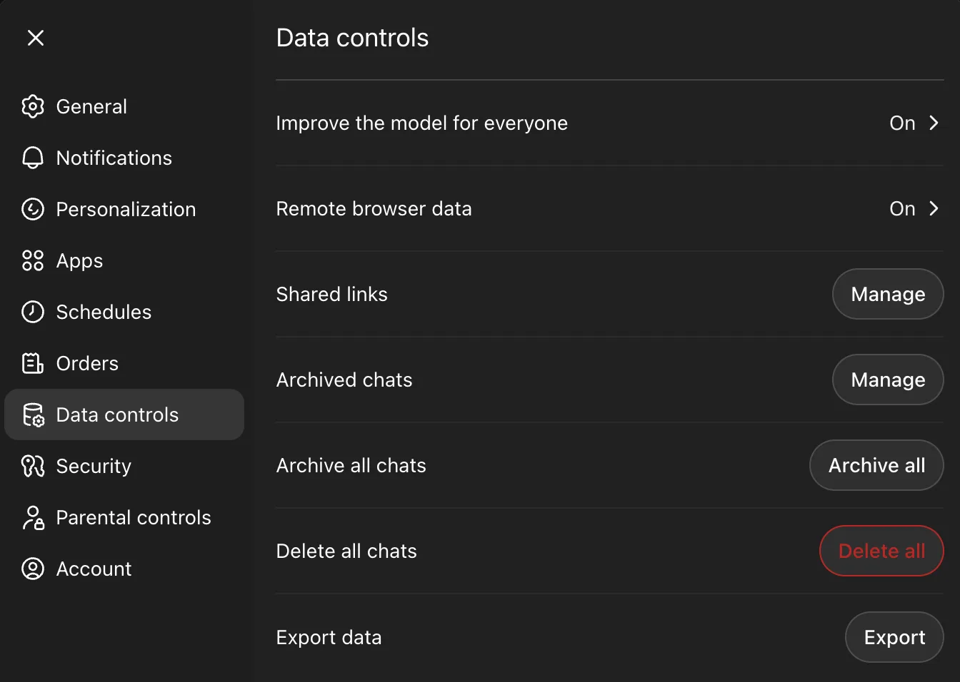 ChatGPT Data Controls settings screen showing the Improve the model for everyone option.